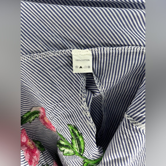Women’s Velzera Blue Striped Floral Long Sleeve Cotton Blouse Designer Small - Picture 4 of 4